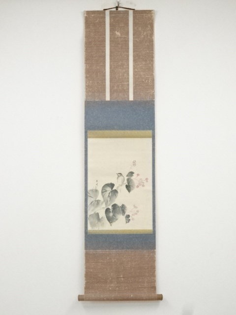 昭和期　金峰筆　秋海棠図　肉筆紙本掛軸（共箱）